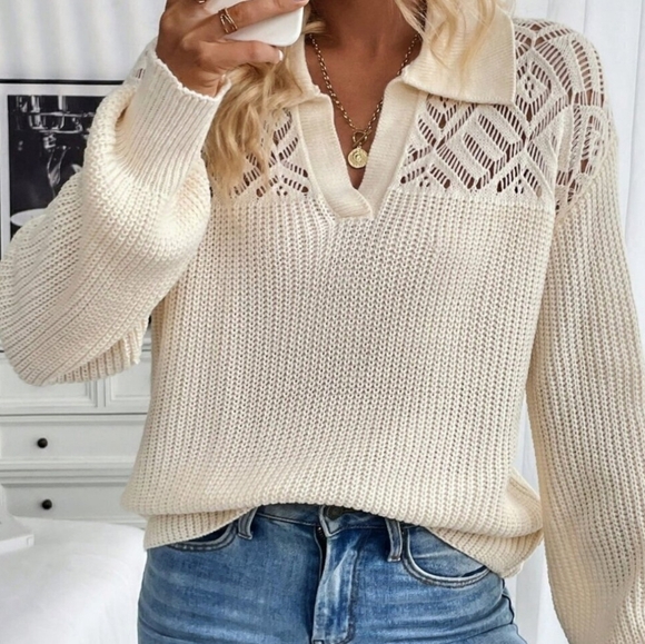 New Sheer Lace Panel Collar Knit Sweater Top Pullover Ivory Beige - Picture 2 of 8